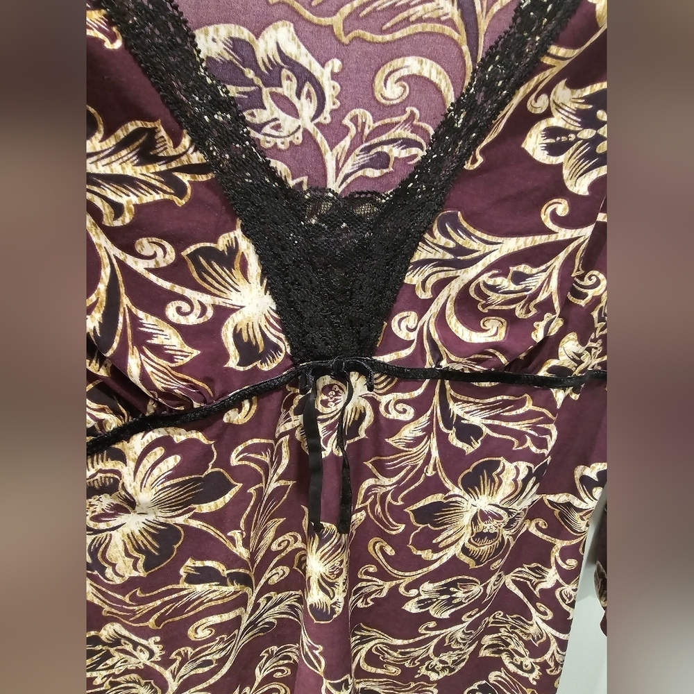 Ambrielle Floral Lace Trim V-Neck Tunic Top Purple Beige Long Sleeve Women’s L - Picture 2 of 7